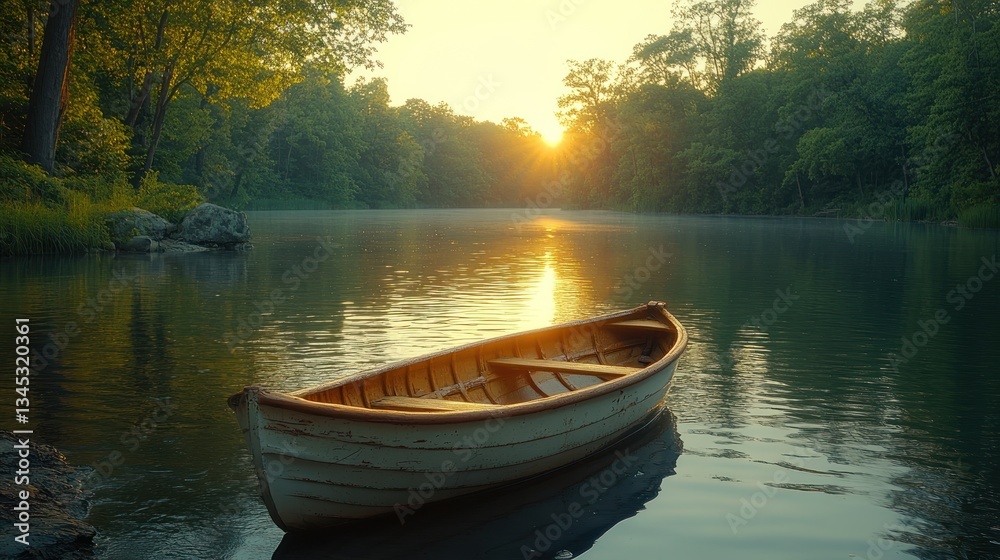 Fototapeta premium Sunrise Calm on River, Wooden Rowboat, Tranquil Forest