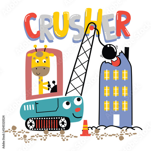 Cute cartoon giraffe operating a demolition crane with wrecking ball crushing a building. Construction concept

