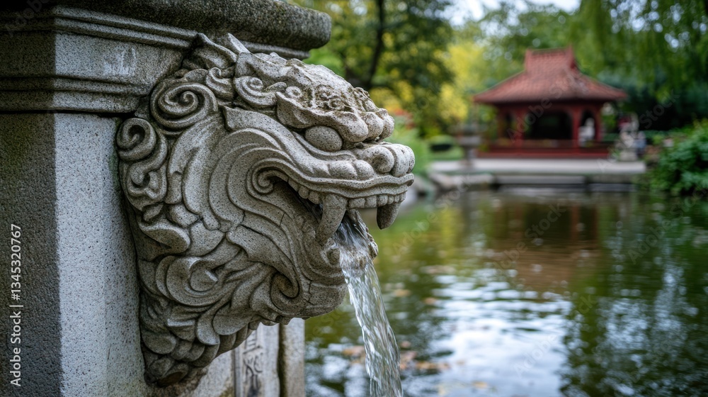 Serene Stone Lion Fountain in a Tranquil Garden Serene Stone Lion Fountain in a Tranquil Garden