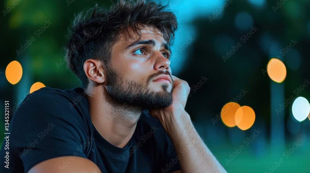 Fototapeta premium Young man in a contemplative pose in a park at dusk