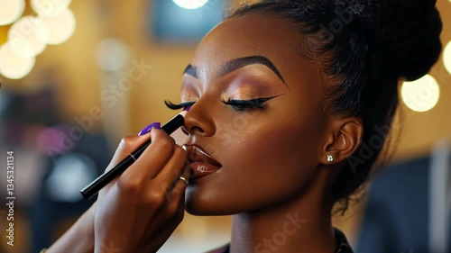 Professional makeup artist preparing model for event, vibrant creative studio with warm inviting lighting