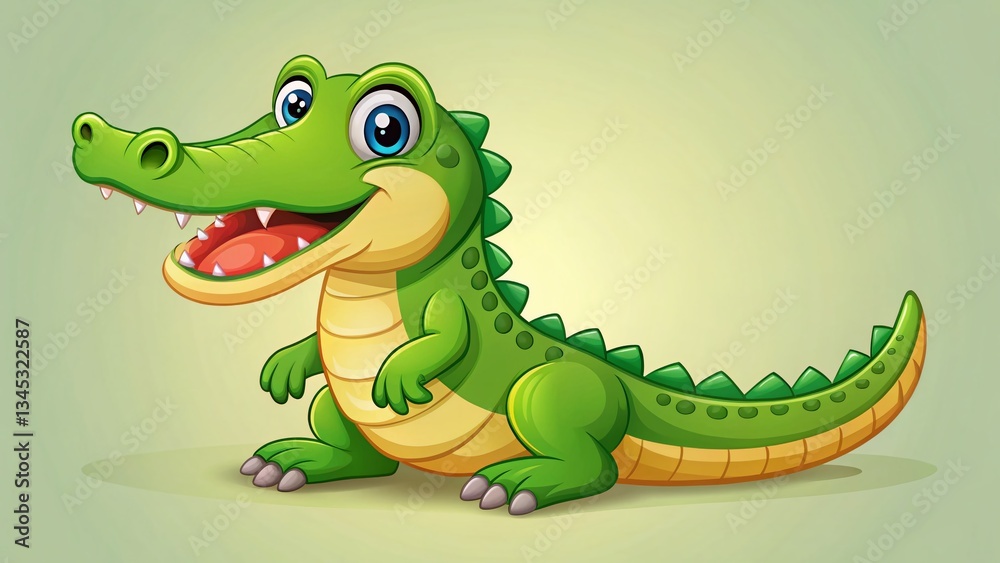 Fototapeta premium Cute Cartoon Crocodile Illustration, Friendly Reptile Character, Right Side Copy Space