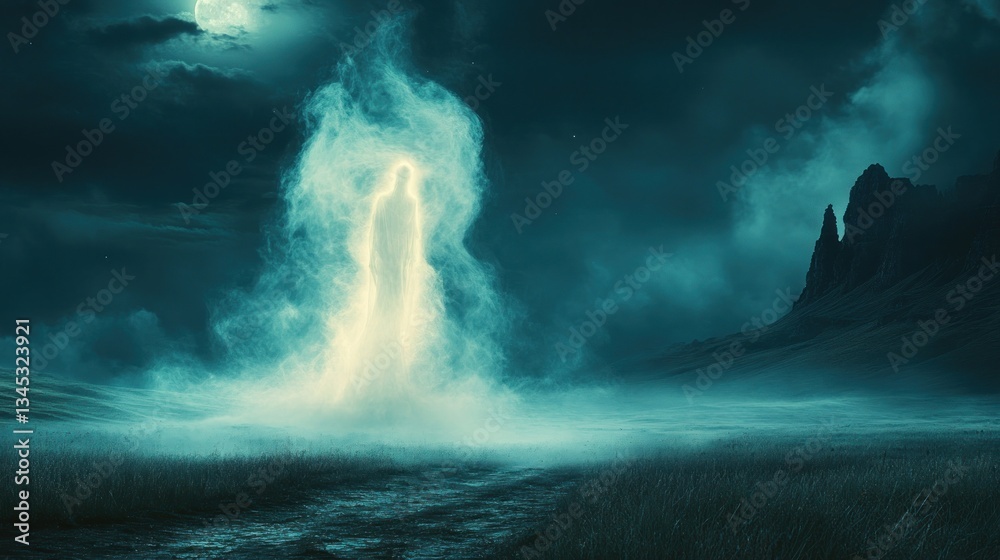 Ghostly figure appears on a moonlit path in a misty landscape Ghostly figure appears on a moonlit path in a misty landscape