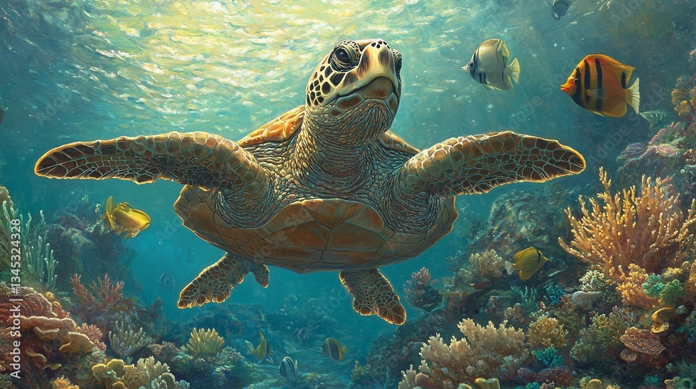 Obraz premium Majestic sea turtle gracefully glides through vibrant coral reef, surrounded by colorful fish