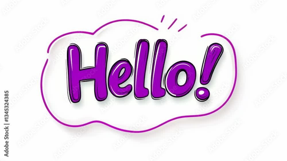 A vibrant purple 'Hello!' in a playful, comic-style design.