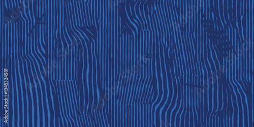 Hand drawn abstract line art, irregular stripes pattern in indigo blue, Japanese and ethnic wood carving, block print, weaving textured surface background, simple graphic for textile, decoration