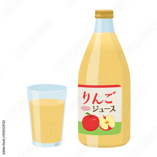 瓶に入ったリンゴジュースとコップ_ベクターイラスト