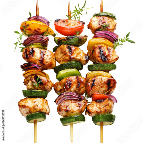 Grilled Chicken Skewers With Vegetables On Bright Background, Healthy Food