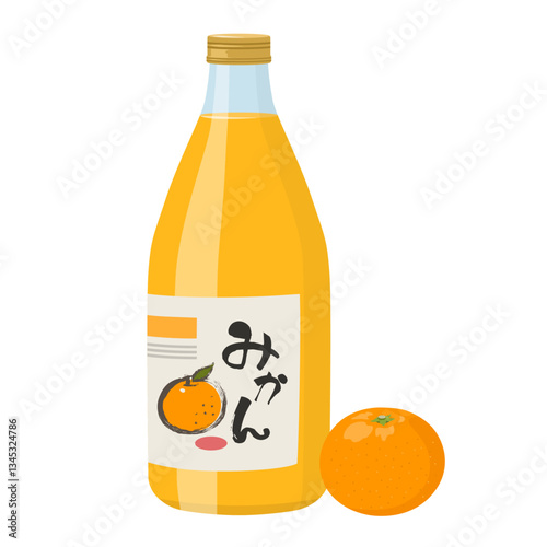 瓶に入ったミカンジュースとみかん_ベクターイラスト