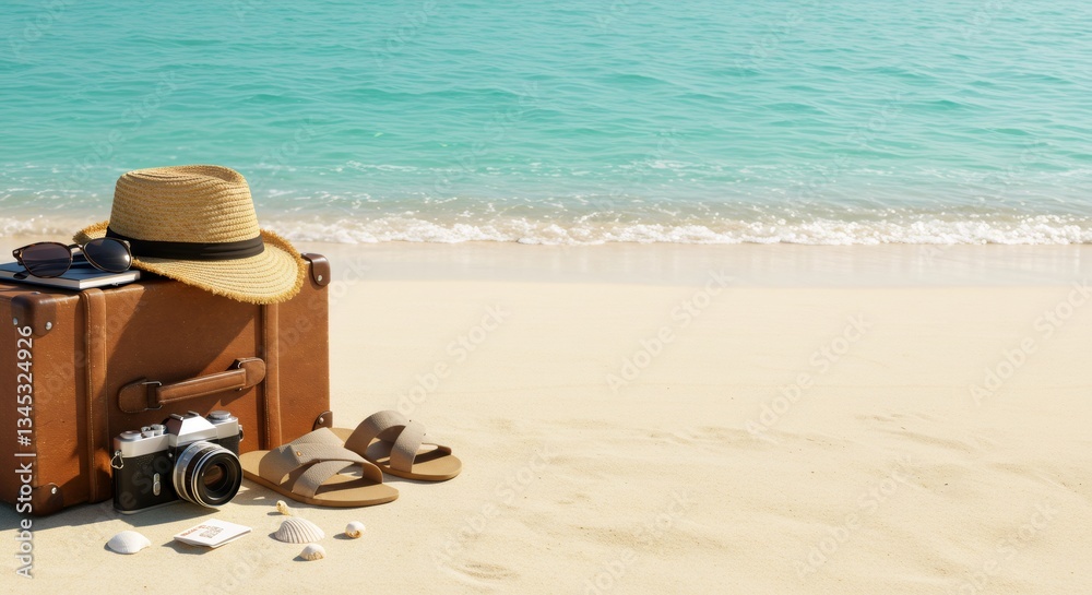 Naklejka premium Vintage suitcase with beach accessories on sandy shore. Tropical vacation concept. Summer holiday essentials with camera and hat. Turquoise sea background with copy space.