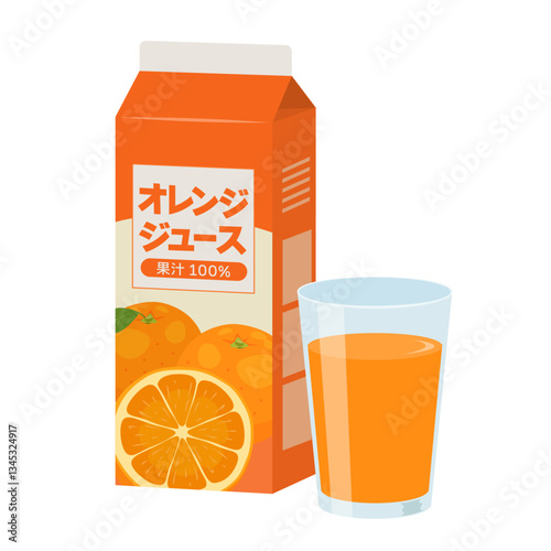 紙パックのオレンジジュースとコップ_ベクターイラスト