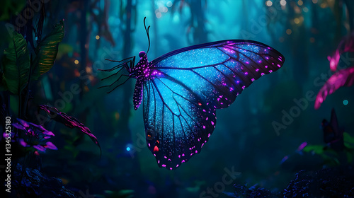 Glowing Butterfly In Magical Dark Forest