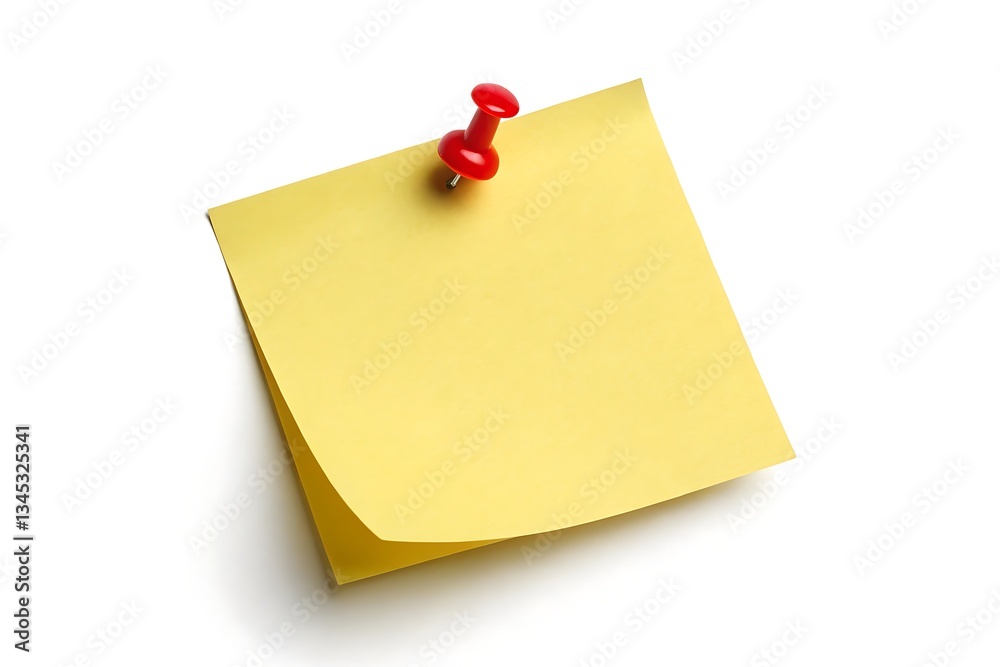 Yellow sticky note with red push pin isolated on white background Yellow sticky note with red push pin isolated on white background