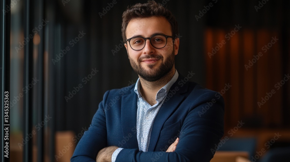 A smiling man with glasses and a beard is indoors A smiling man with glasses and a beard is indoors