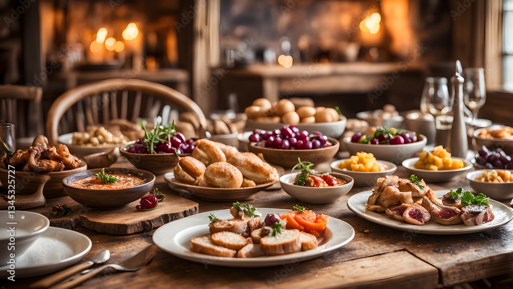 Fototapeta premium A rustic wooden table laden a variety autumnal dishes, including meats, breads, fruits, creates a warm inviting feast scene.