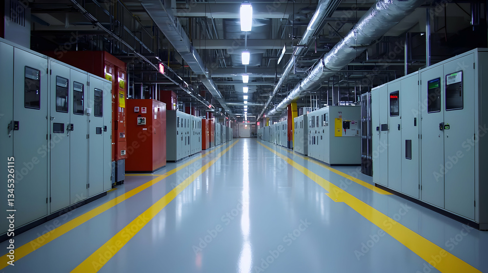 Obraz premium Long Industrial Corridor With Grey And White Metal Equipment And Yellow Lines On The Floor