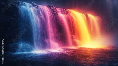 Colorful waterfall at night with mist, illuminated backdrop for fantasy scenes