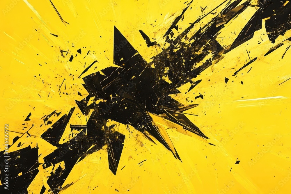 abstract explosion of geometric shapes in vibrant yellow and deep black creating dynamic tension between organic and digital forms