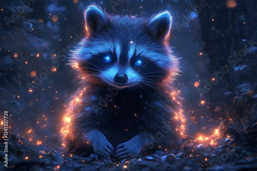 Glowing raccoon in enchanted forest with fireflies, fantasy backdrop