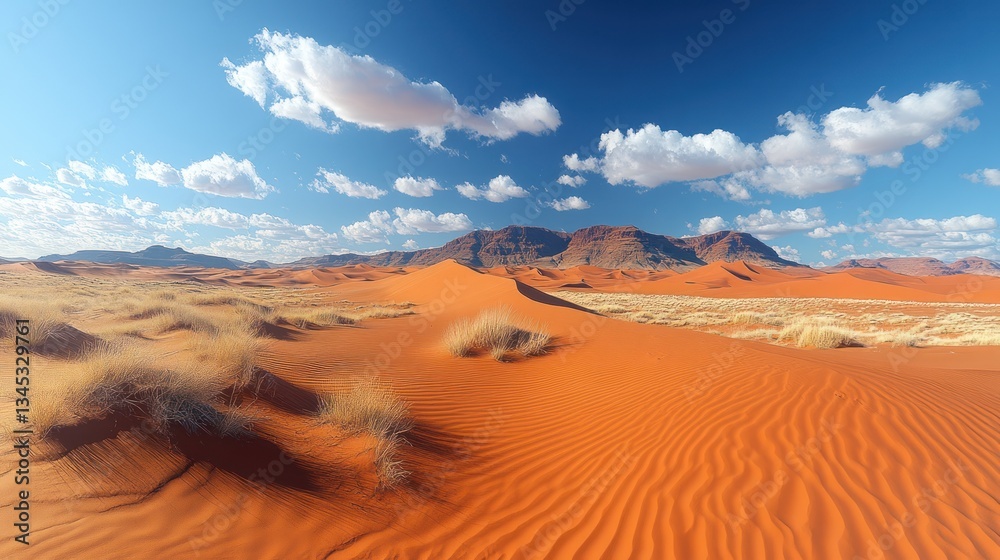 Fototapeta premium Desert landscape, Namibia, vast dunes, bright sky. Possible use Travel poster