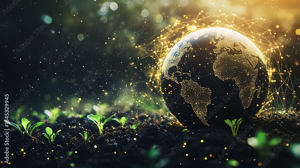 Obraz premium Digital Earth Globe with Network Connections in a Green Field with Seedlings and Sunlight