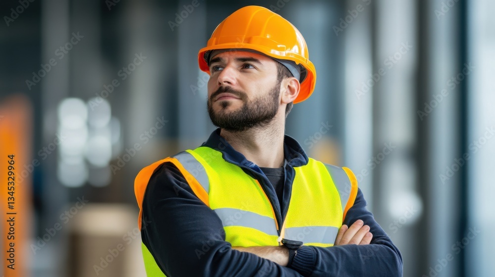 Fototapeta premium Confident Male Construction Worker in Safety Gear Looking Up with Optimistic Expression at Construction Site