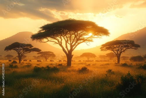 African savanna sunset, wildlife silhouettes, golden hour photo