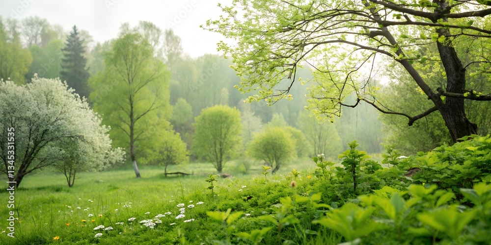 Obraz premium Spring Morning in the Forest with Green Trees and Blue Sky