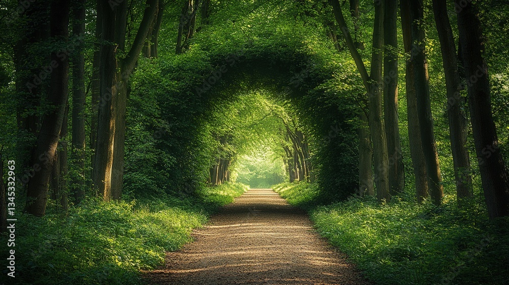 Obraz premium A serene forest path winding through towering trees, surrounded by lush green foliage and rich brown soil, capturing the enchanting beauty of nature. 