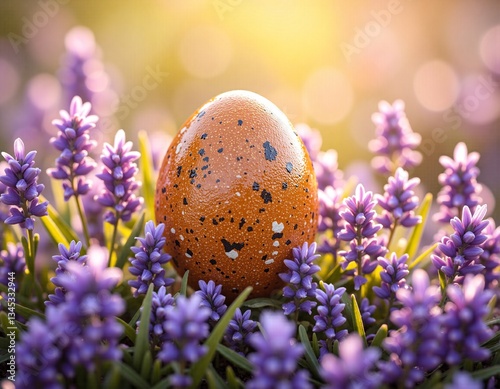 Decorative egg surrounded by lavender flowers in soft light