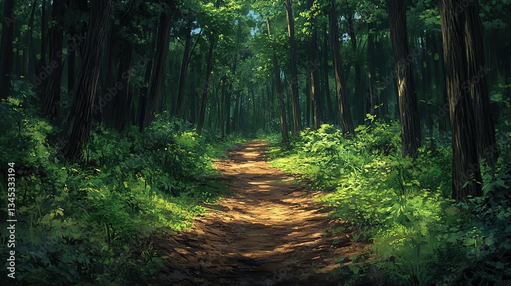 Obraz premium A serene forest path winding through towering trees, surrounded by lush green foliage and rich brown soil, capturing the enchanting beauty of nature. 