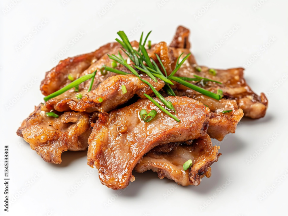 Sichuan-style fried pork with green onions, on a white background. Sichuan-style fried pork with green onions, on a white background.