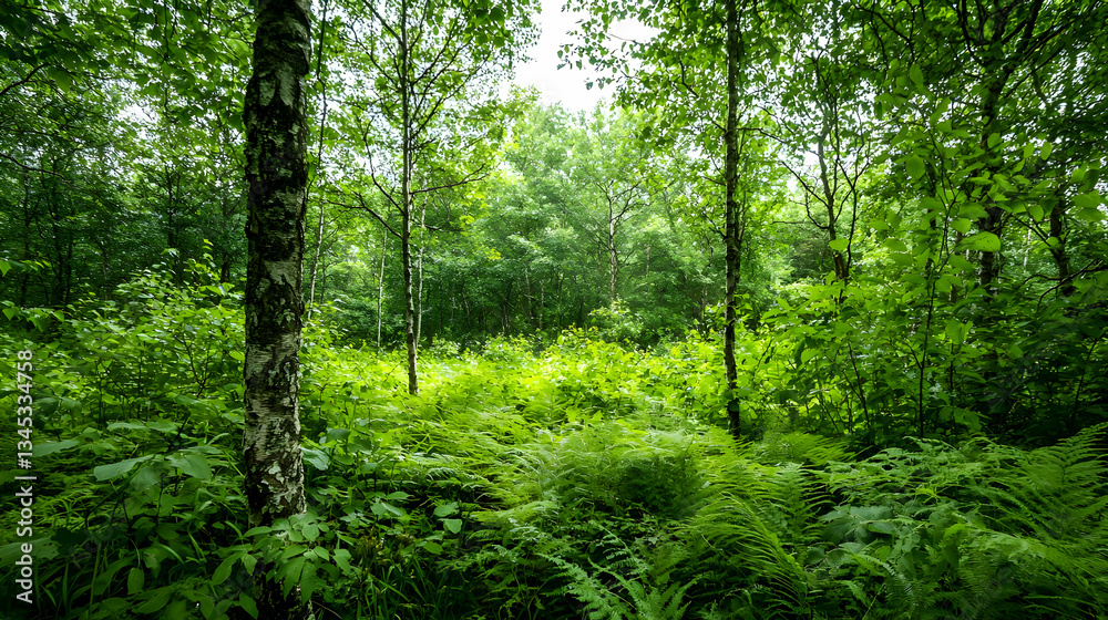 Obraz premium Lush Green Forest Scene Sunlight Filtering Through Trees Dense Foliage and Undergrowth Creates Tranquil Outdoor Environment