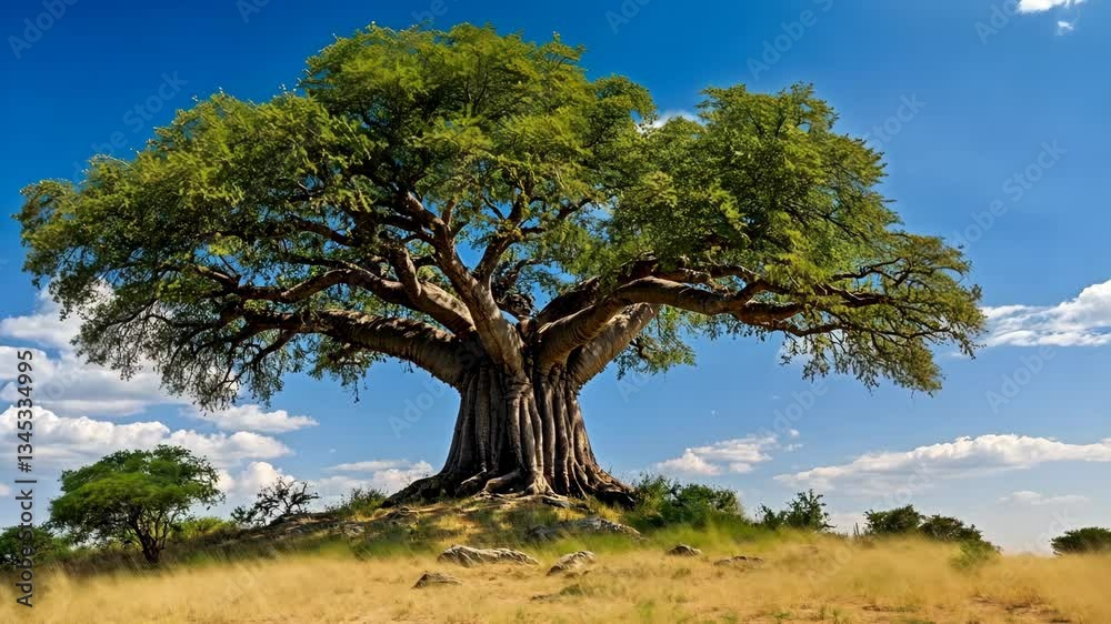 Majestic baobab tree stands tall against a bright blue sky in a tranquil desert landscape Majestic baobab tree stands tall against a bright blue sky in a tranquil desert landscape