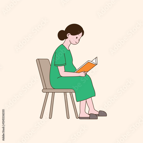 A pregnant woman sitting on a stool and reading a book. minimal line art vector illustration.