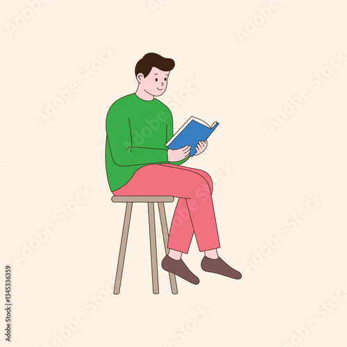A person who sits on a stool and reads a book. minimal line art vector illustration.