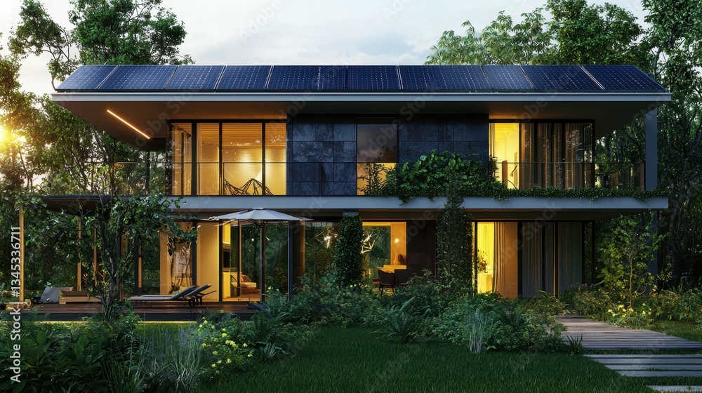 Fototapeta premium Modern Eco-Friendly House with Solar Panels Surrounded by Nature