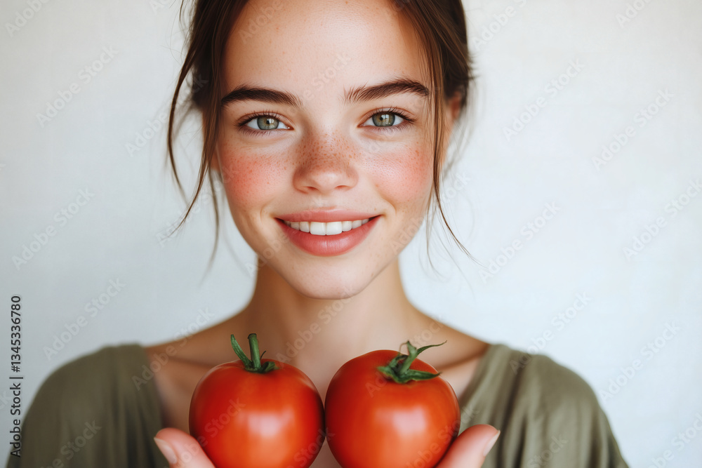 Smiling woman holding fresh, ripe tomatoes, emphasizing healthy eating and a vibrant, natural lifestyle. Smiling woman holding fresh, ripe tomatoes, emphasizing healthy eating and a vibrant, natural lifestyle.