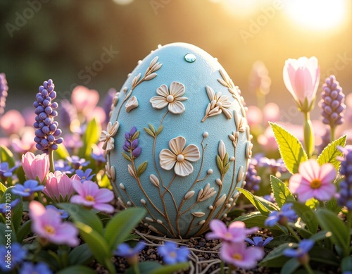 A handcrafted floral egg nestled among colorful spring blooms