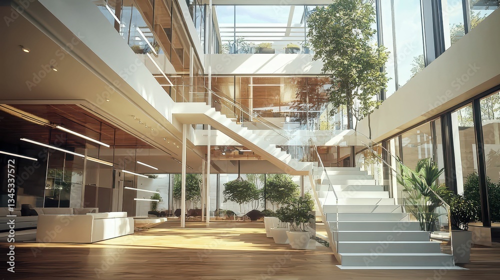 Fototapeta premium Modern Home Interior with Floating Stairs and Abundant Natural Light