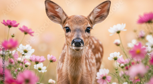 Cute Fawn Among Pink Cosmos Flowers Alert Portrait Wildlife Photography