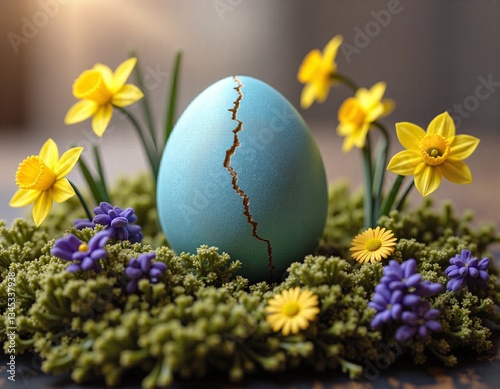 A cracked blue egg surrounded by vibrant flowers