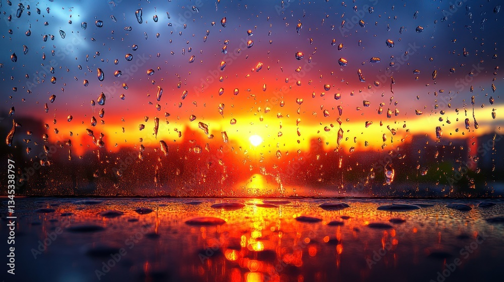 Obraz premium Dramatic sunset view through a rain-streaked window