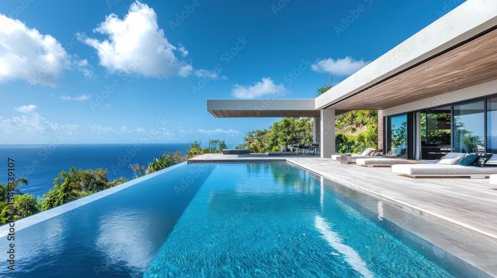 Fototapeta premium Modern Luxury Villa with Infinity Pool Overlooking Serene Ocean View
