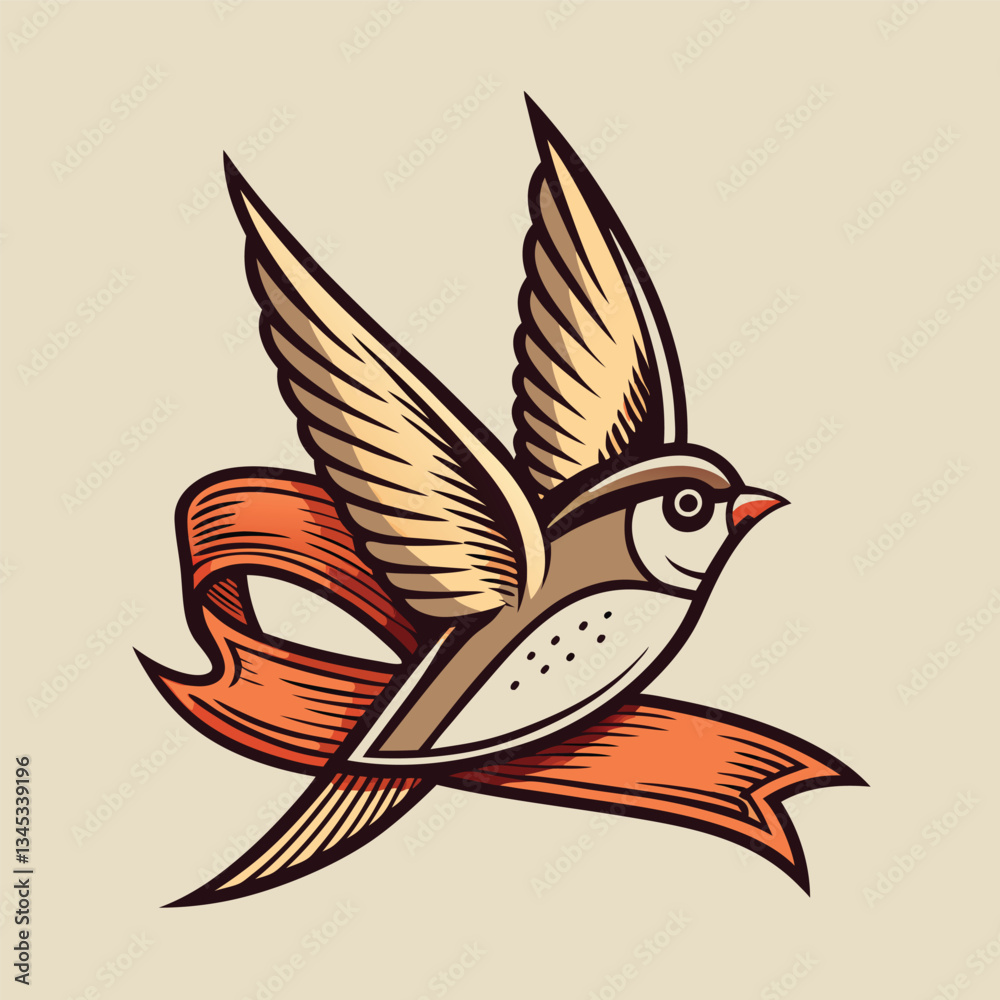 Obraz premium Vintage Swallow Bird with Delicate Ribbon Hand-Drawn Logo
