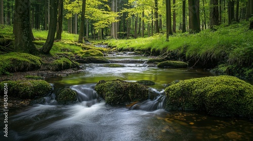 Tranquil Woodland Stream Flowing Gently Through Verdant Landscape