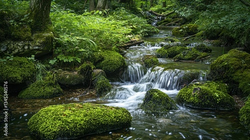 Tranquil Woodland Stream with Gentle Flowing Water and Green Moss