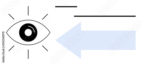 Eye surrounded by rays and a large blue arrow pointing to the left. Ideal for vision, focus, guidance, decision-making, perspective, precision, direction. Flat simple metaphor