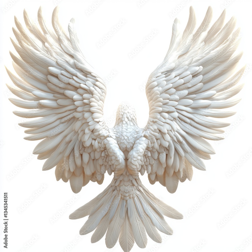 Fototapeta premium Majestic White Bird with Outstretched Wings Displaying Intricate Feather Details and Graceful Posture Against a White Background