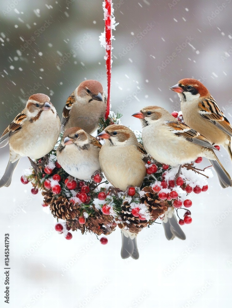 Fototapeta premium Birds enjoying a snowy winter wreath. AI.